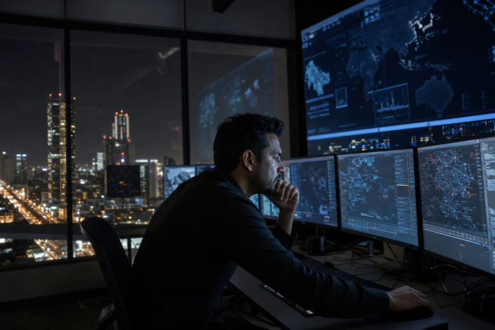 Especialista revisa pantallas con alertas de seguridad digital en un centro de monitoreo mientras una ciudad mexicana se refleja en el vidrio, con ambiente de vigilancia y tensión tecnológica.