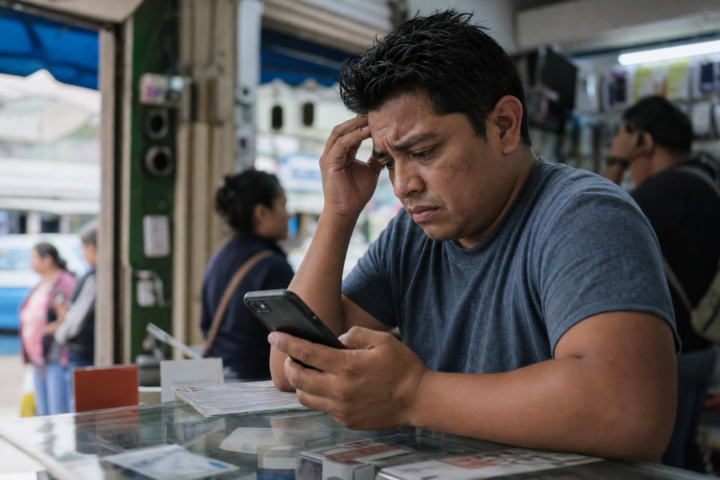 Persona revisa el registro de una línea celular en un mostrador de telecomunicaciones.