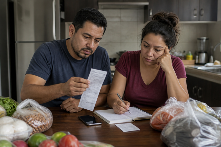Familia revisa un presupuesto y compara precios en un mercado mexicano