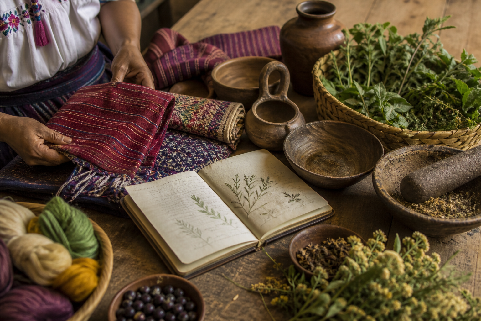 Textiles, cerámica y plantas que representan conocimientos artesanales de las comunidades indígenas