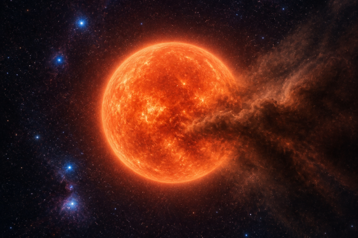 Ilustración editorial de Betelgeuse como una supergigante roja rodeada por una nube de polvo en el espacio.