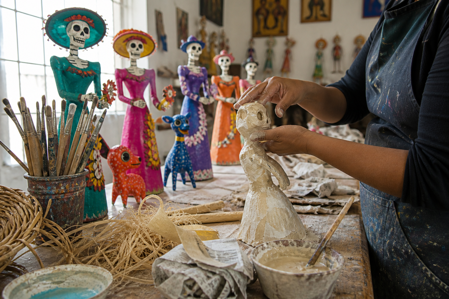 Artesano trabajando una figura de cartonería en un taller de la Ciudad de México, con piezas coloridas al fondo