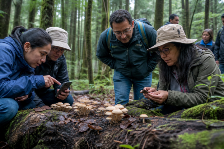 Hongos silvestres sobre suelo húmedo del bosque de la Ciudad de México durante una actividad ambiental.