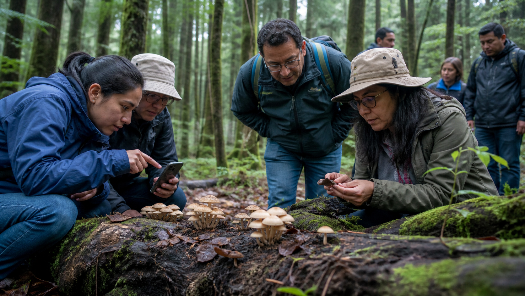 Hongos silvestres sobre suelo húmedo del bosque de la Ciudad de México durante una actividad ambiental.