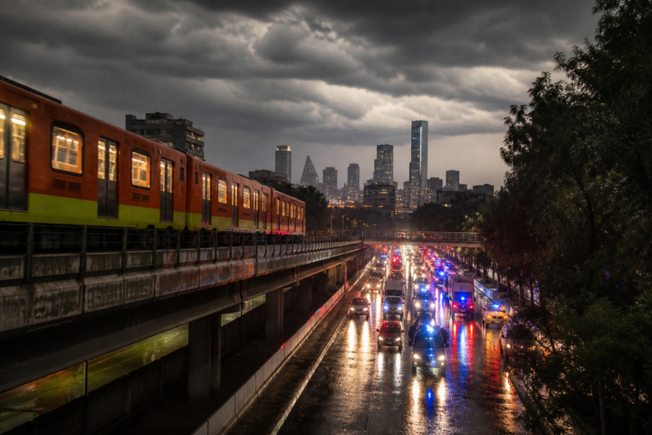 Ilustración editorial de tráfico y transporte bajo una tormenta en CDMX