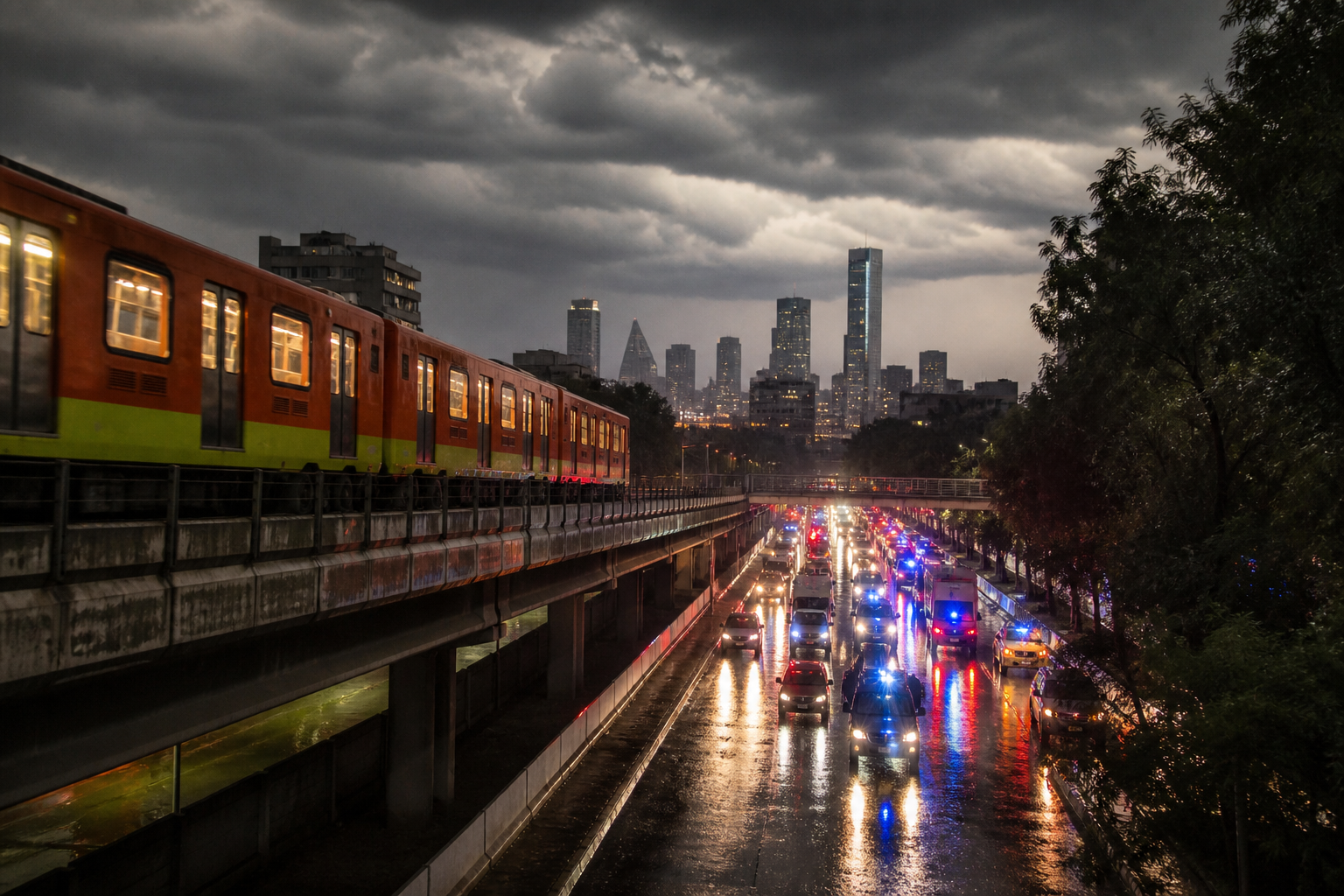 Ilustración editorial de tráfico y transporte bajo una tormenta en CDMX