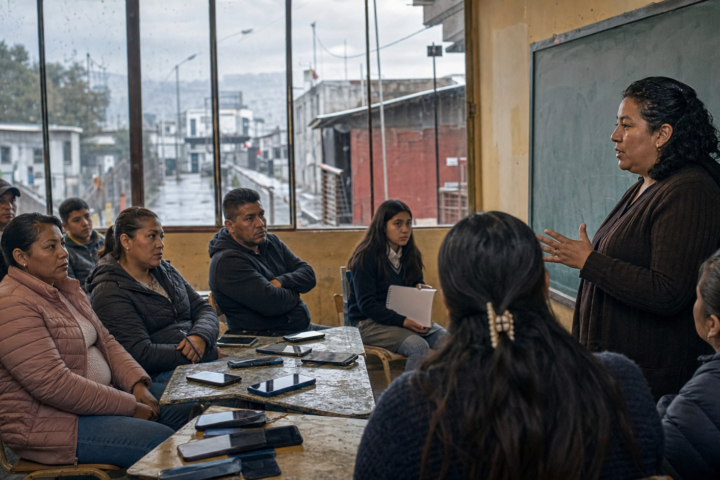 Docentes, familias y estudiantes dialogan sobre el uso de celulares en una escuela mexicana.