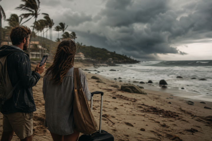 Viajeros consultan una alerta meteorológica frente a una playa del Pacífico con oleaje creciente.