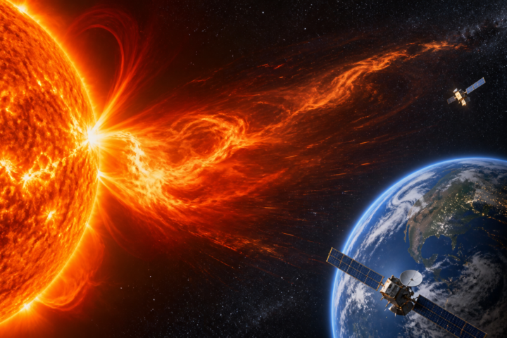 Ilustración editorial del Sol expulsando una llamarada hacia la Tierra, con satélites y líneas de comunicación.