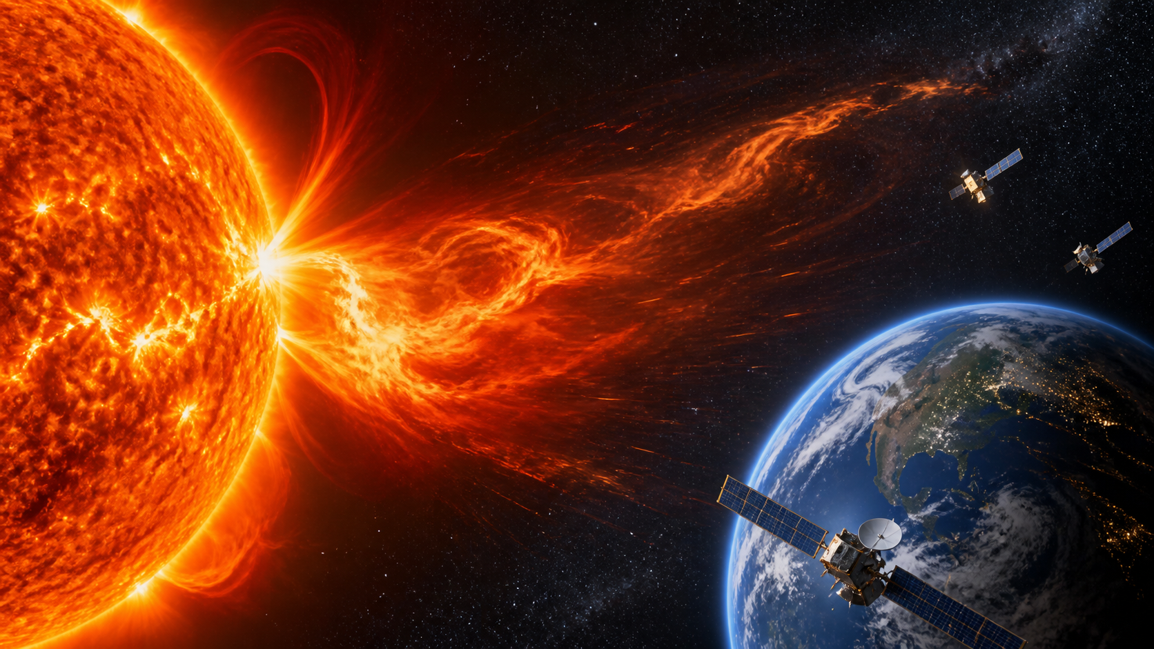 Ilustración editorial del Sol expulsando una llamarada hacia la Tierra, con satélites y líneas de comunicación.