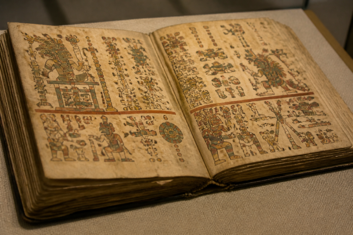 Reproducción de un códice mesoamericano abierto sobre una mesa de museo.