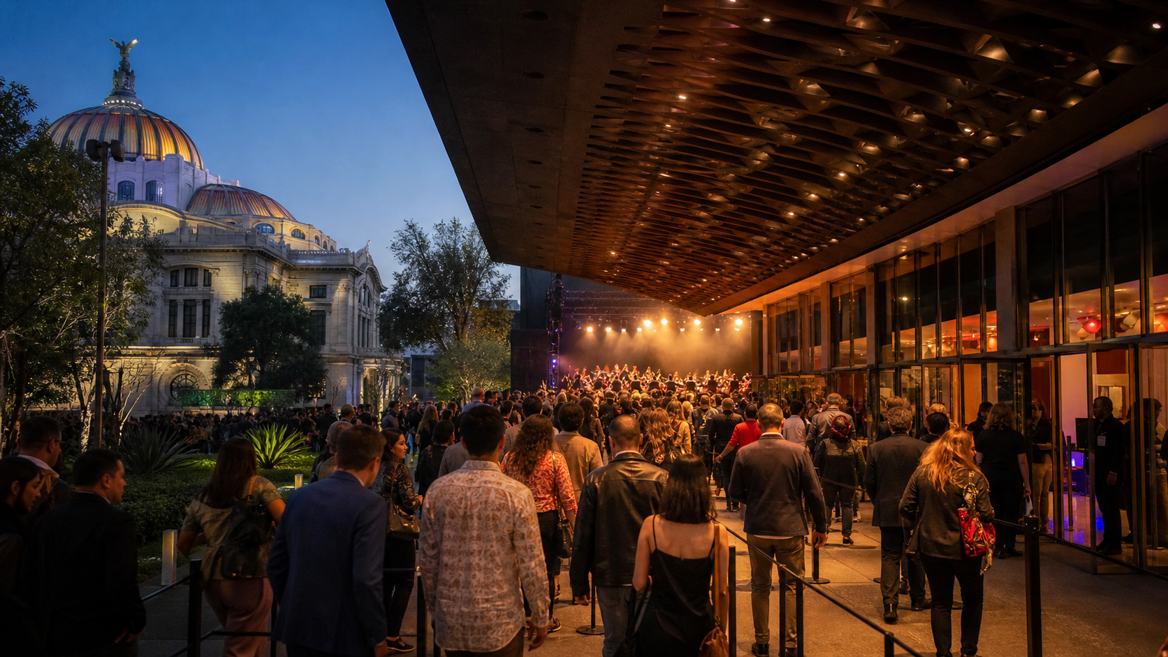 Público entra a un recinto de conciertos en la Ciudad de México mientras las luces del escenario permanecen encendidas.