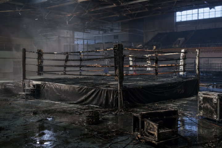 Ring de boxeo quemado y equipo de montaje afectado dentro de un recinto deportivo; imagen ilustrativa