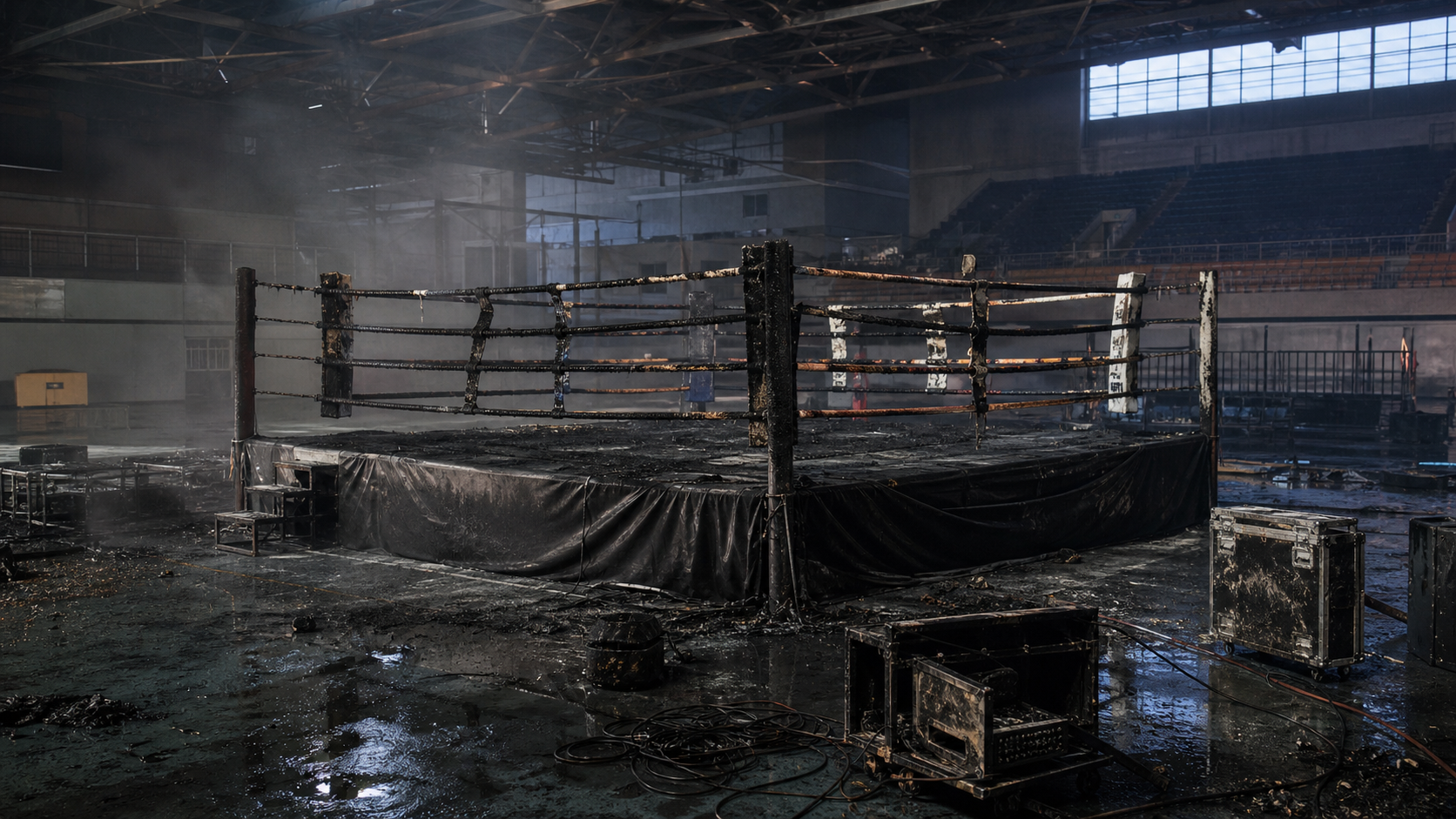 Ring de boxeo quemado y equipo de montaje afectado dentro de un recinto deportivo; imagen ilustrativa