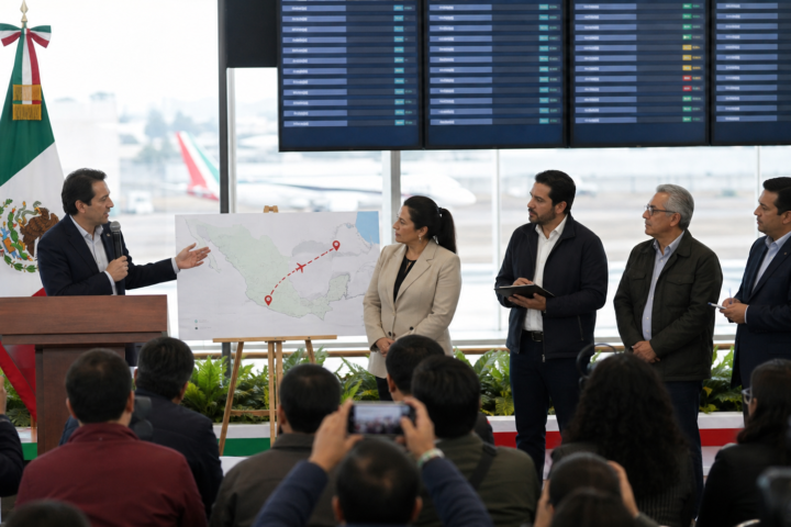 Funcionarios y periodistas en una ilustración editorial sobre la conexión aérea Zacatecas AIFA