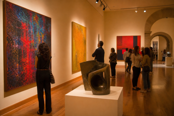 Visitantes observan obras de arte en una exposición cultural dentro de un museo