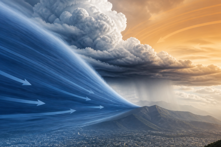 Ilustración editorial de una masa de aire frío avanzando debajo de una masa de aire cálido y formando nubes de tormenta.