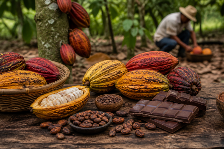 Mazorcas de cacao abiertas junto a semillas y una tableta de chocolate artesanal en una mesa de madera.