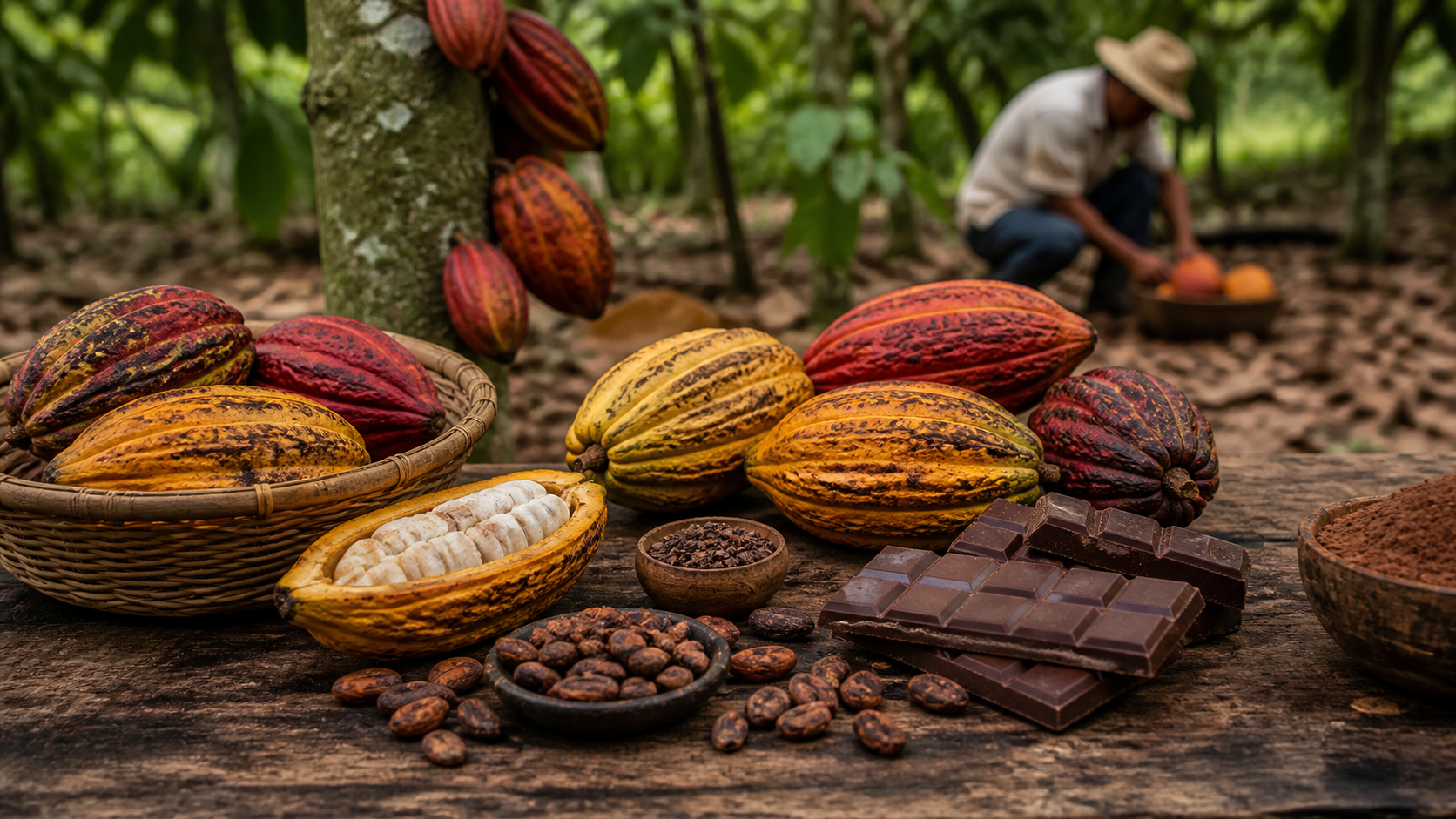 Mazorcas de cacao abiertas junto a semillas y una tableta de chocolate artesanal en una mesa de madera.