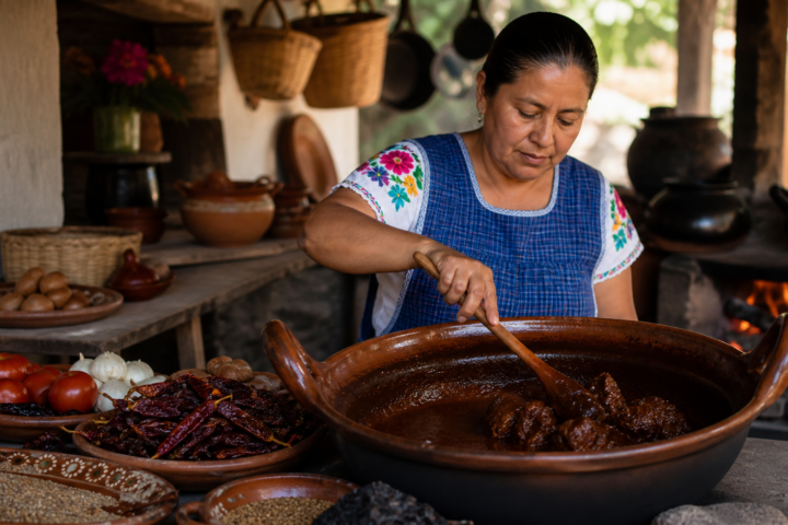 Cocinera tradicional sirve mole de caderas en una cocina comunitaria, con cazuela de barro y chiles regionales.
