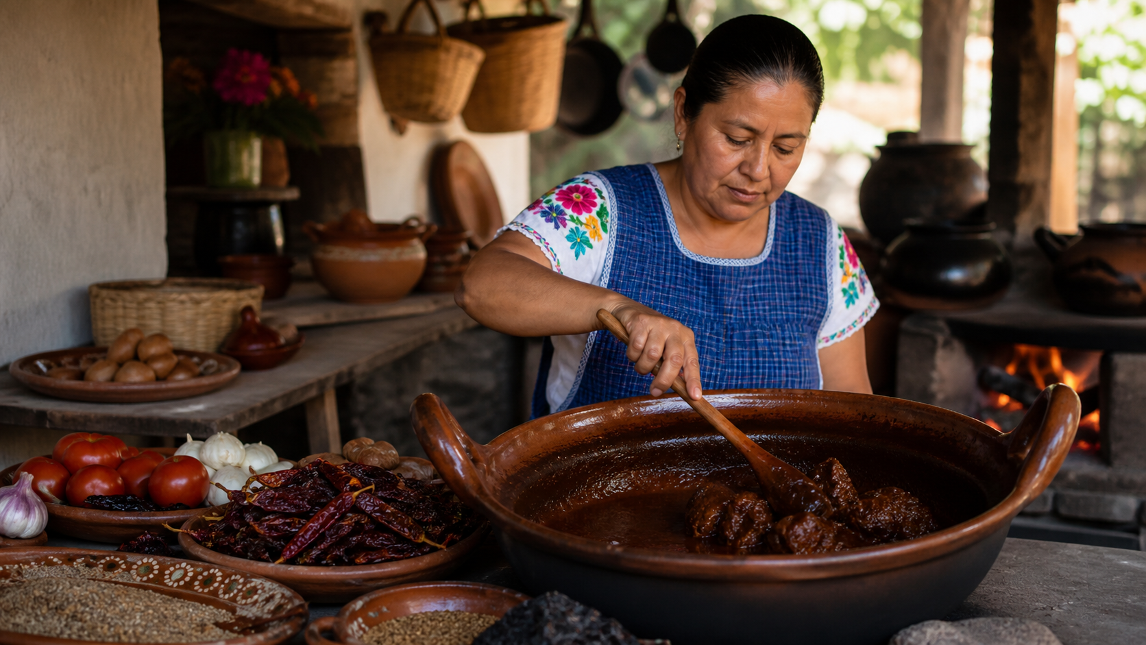 Cocinera tradicional sirve mole de caderas en una cocina comunitaria, con cazuela de barro y chiles regionales.