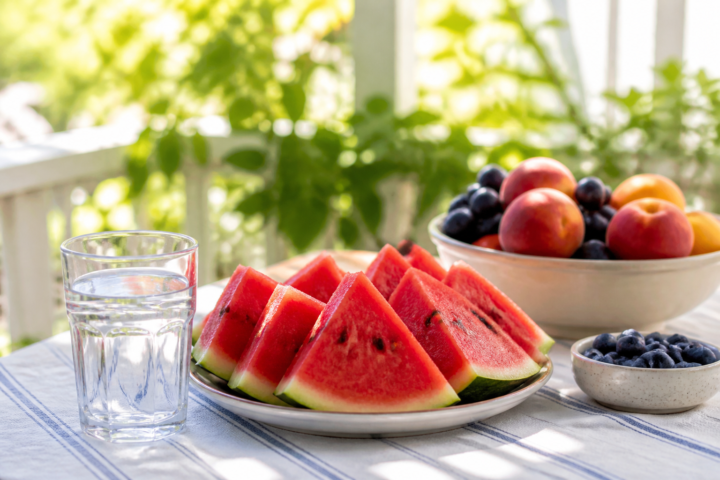 Vaso de agua y frutas de temporada sobre una mesa iluminada durante el verano.