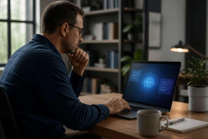 Persona utiliza un asistente de inteligencia artificial en una laptop desde una oficina en casa.