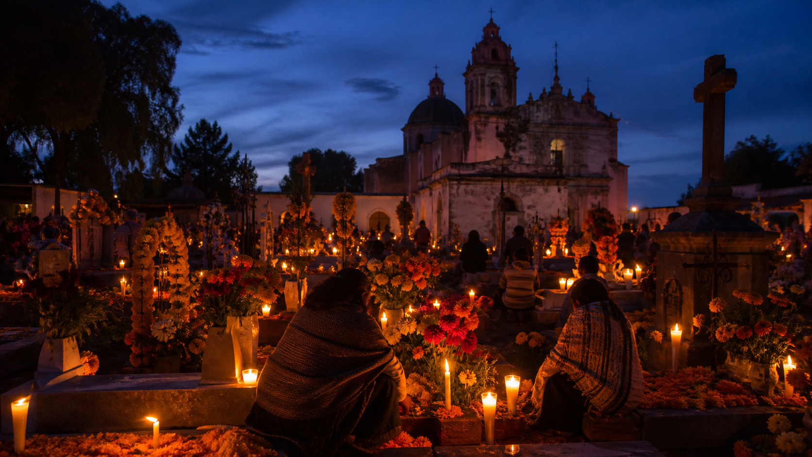 Veladoras y flores de cempasúchil en un panteón de San Andrés Mixquic durante Día de Muertos