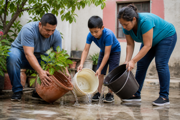 Familia revisa recipientes y elimina agua acumulada en un patio después de la lluvia.