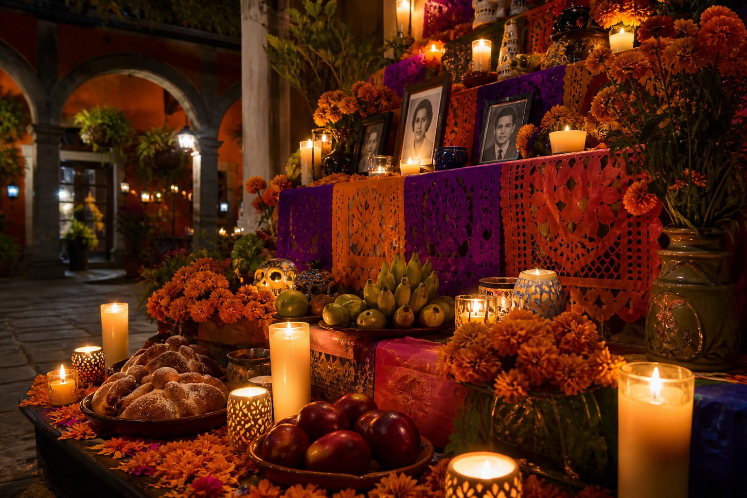 Ofrenda de Día de Muertos con flores de cempasúchil, veladoras, pan de muerto y fruta en un patio de la Ciudad de México