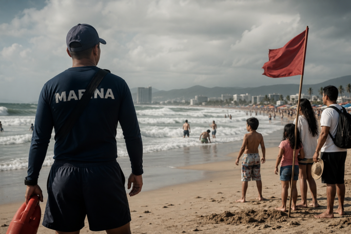 Salvavidas vigila el oleaje mientras una familia se detiene ante una bandera de advertencia en una playa mexicana.