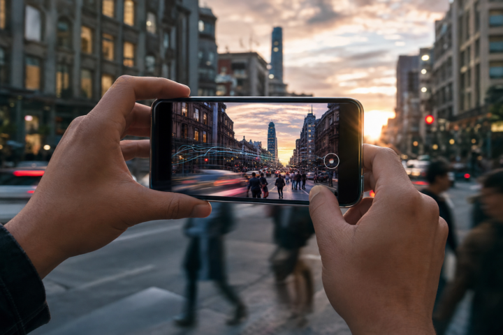 Persona fotografía una escena de Ciudad de México con un teléfono inteligente de nueva generación.