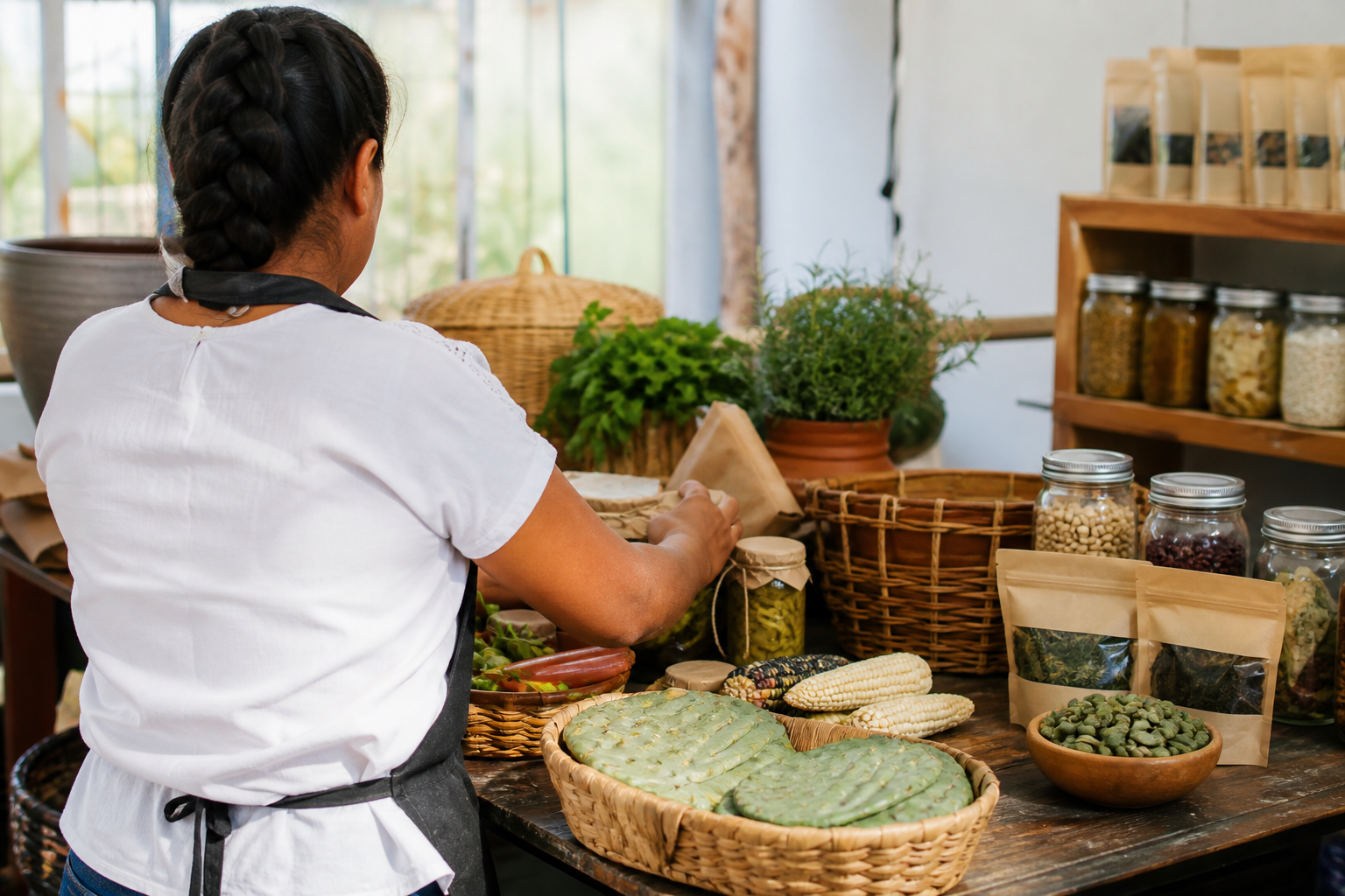 Emprendedora preparando productos locales de nopal, maíz y hortalizas para su venta en la Ciudad de México
