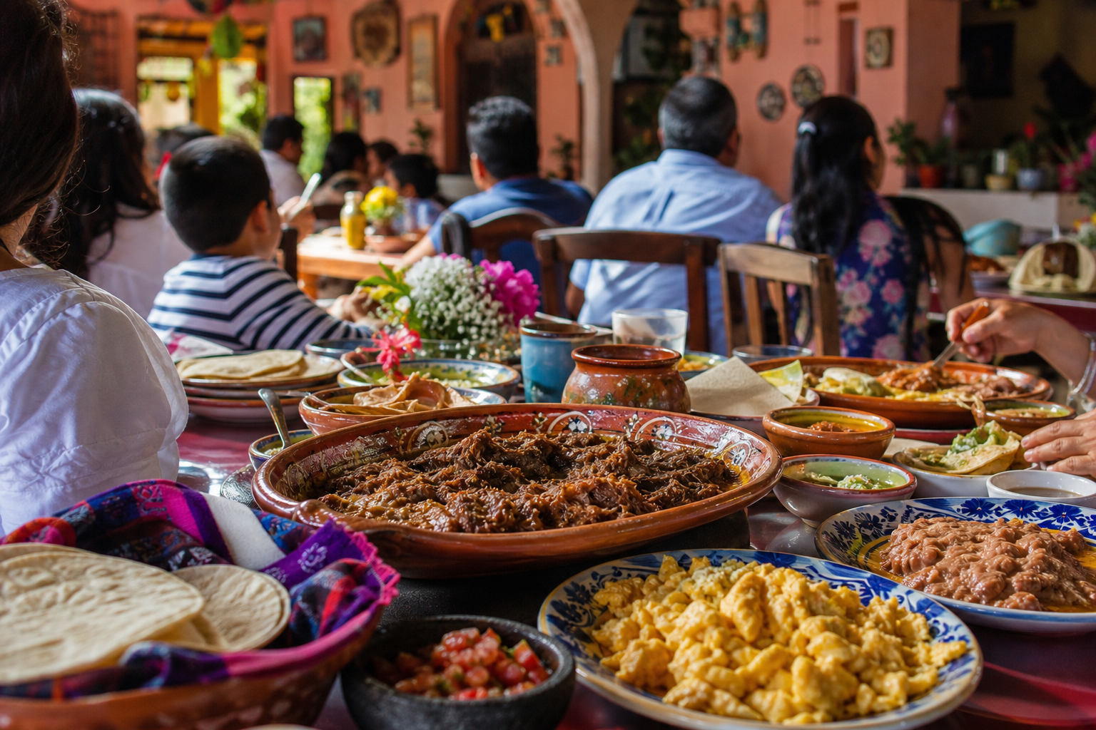 Desayuno mexicano compartido en familia con barbacoa, tortillas y salsa en un restaurante de la Ciudad de México