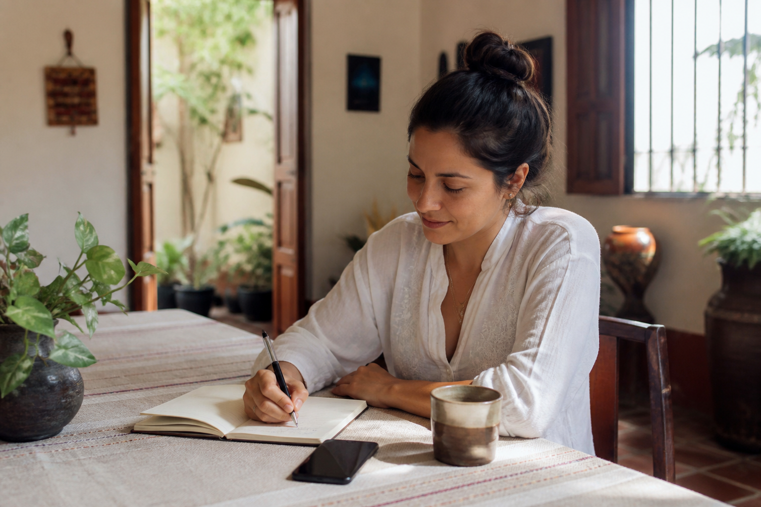 Mesa de trabajo con libreta, teléfono y café para organizar la rutina de la mañana.