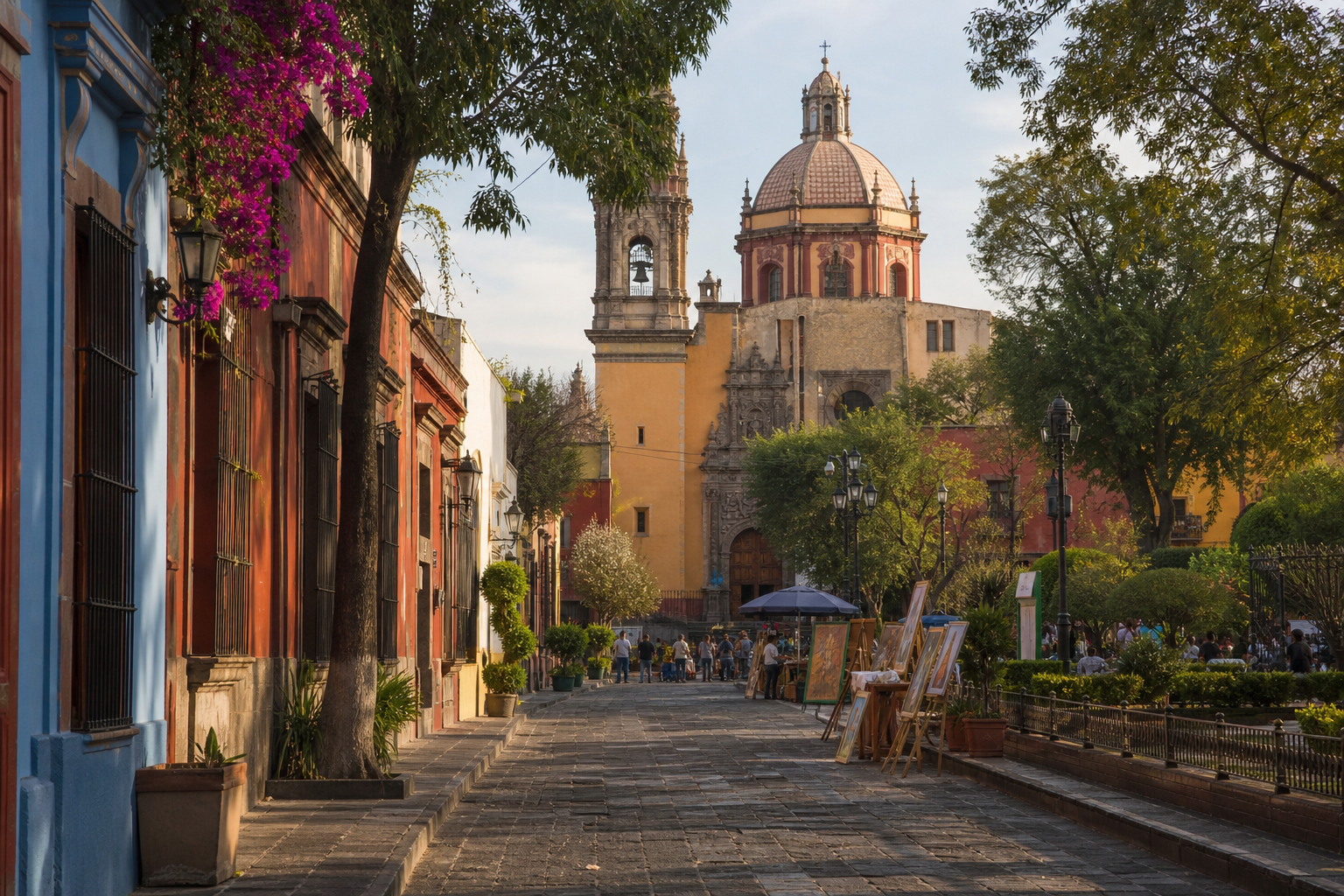 Calle empedrada y Plaza San Jacinto en el barrio antiguo de San Ángel, Ciudad de México
