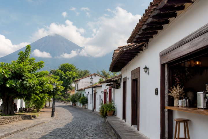 Calle de Comala, Colima, con fachadas blancas, árboles y el volcán al fondo bajo luz de tarde.