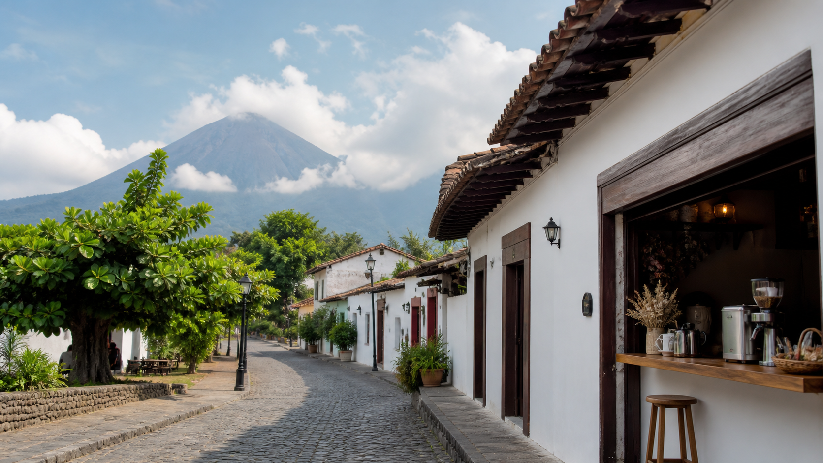 Calle de Comala, Colima, con fachadas blancas, árboles y el volcán al fondo bajo luz de tarde.