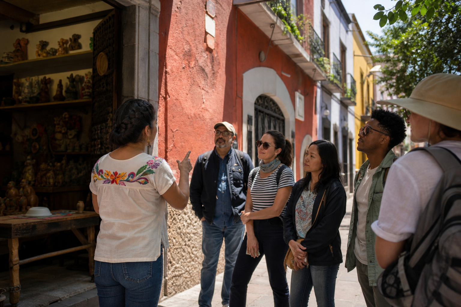 Emprendedora guiando un recorrido cultural por un barrio tradicional de la Ciudad de México