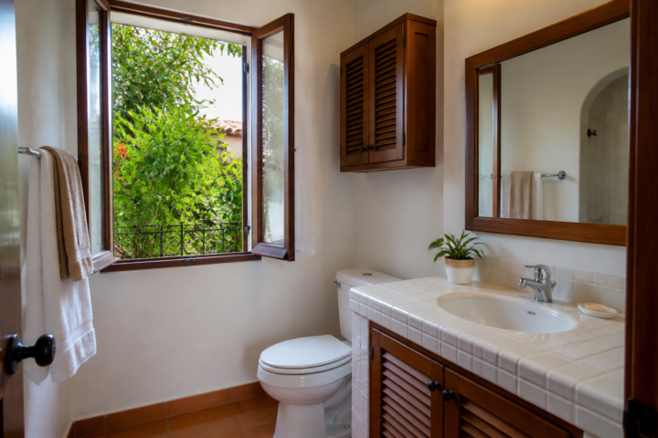 Baño doméstico ventilado con ventana abierta, toallas ordenadas y productos guardados en un mueble.