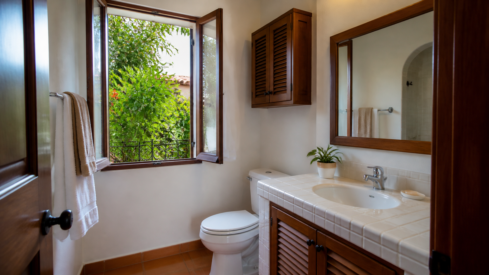 Baño doméstico ventilado con ventana abierta, toallas ordenadas y productos guardados en un mueble.