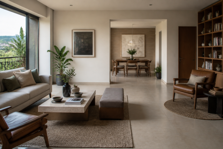 Plano sencillo de una sala con muebles separados en zonas de conversación, lectura y circulación.