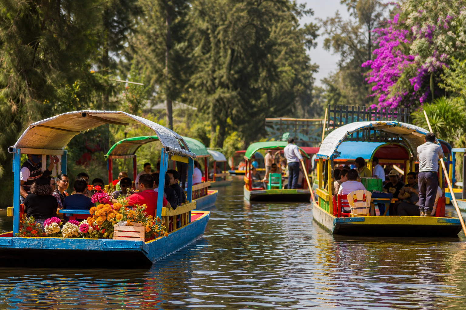 Trajineras coloridas recorren los canales de Xochimilco entre flores y vegetación.