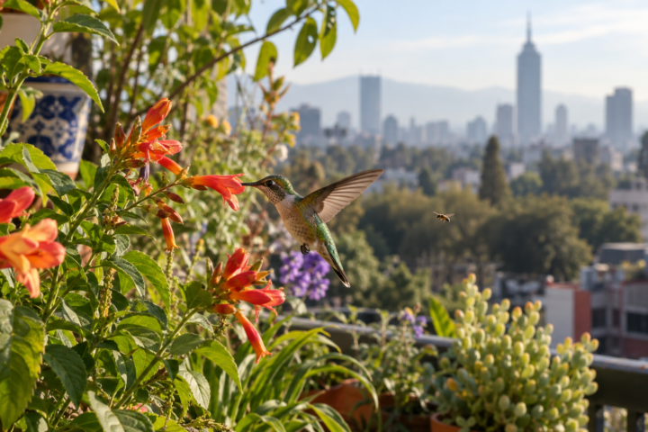 Colibrí alimentándose de flores en un jardín urbano con edificios de la ciudad desenfocados al fondo.