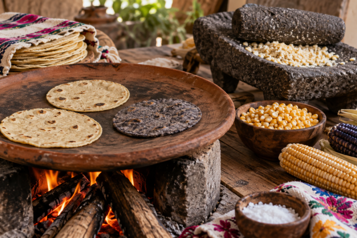 Comal de cocina mexicana con tortillas de maíz recién hechas, mazorcas asadas y masa preparada en una mesa de trabajo.