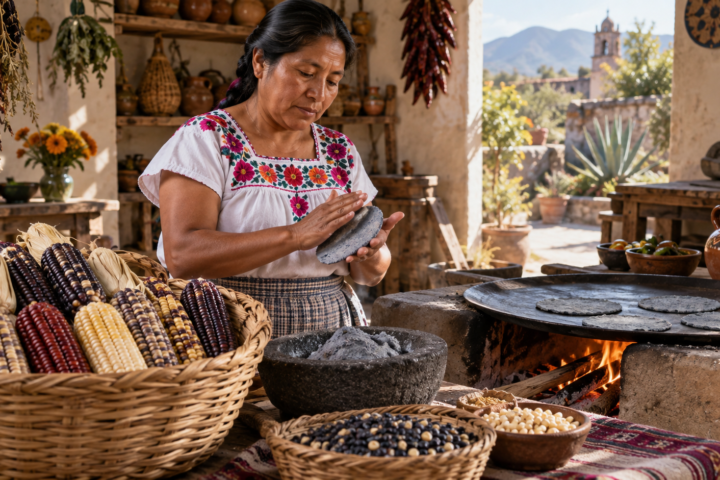 Granos de maíz criollo de varios colores junto a una cocina tradicional mexicana y utensilios de molienda.