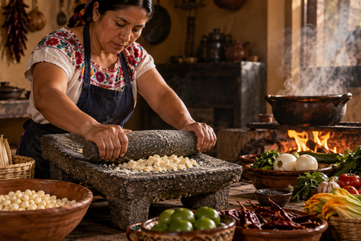 Mesa de cocina mexicana con tortillas, maíz, verduras de temporada, hierbas y leguminosas de productores locales.
