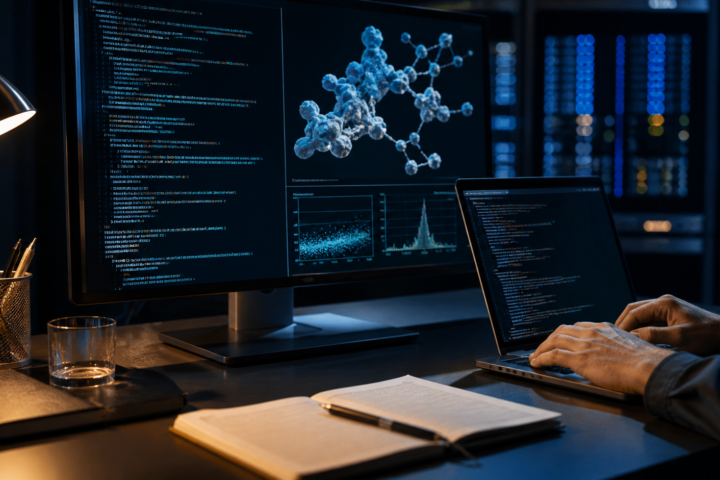 Monitor con código y visualización molecular en un espacio de investigación, imagen editorial sobre Claude Fable 5.1 y Mythos 5.1.
