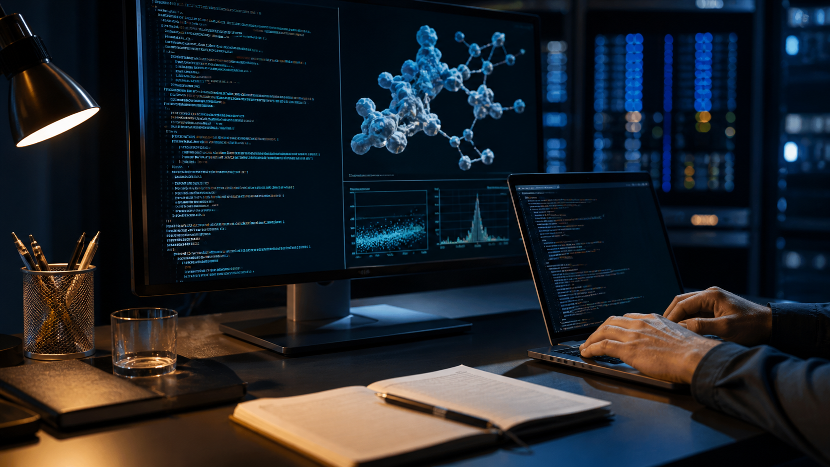 Monitor con código y visualización molecular en un espacio de investigación, imagen editorial sobre Claude Fable 5.1 y Mythos 5.1.