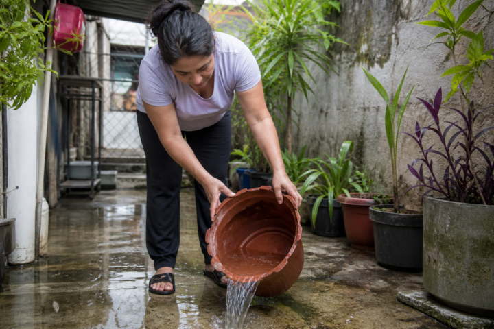 Persona vaciando agua de una maceta en un patio mexicano después de una lluvia